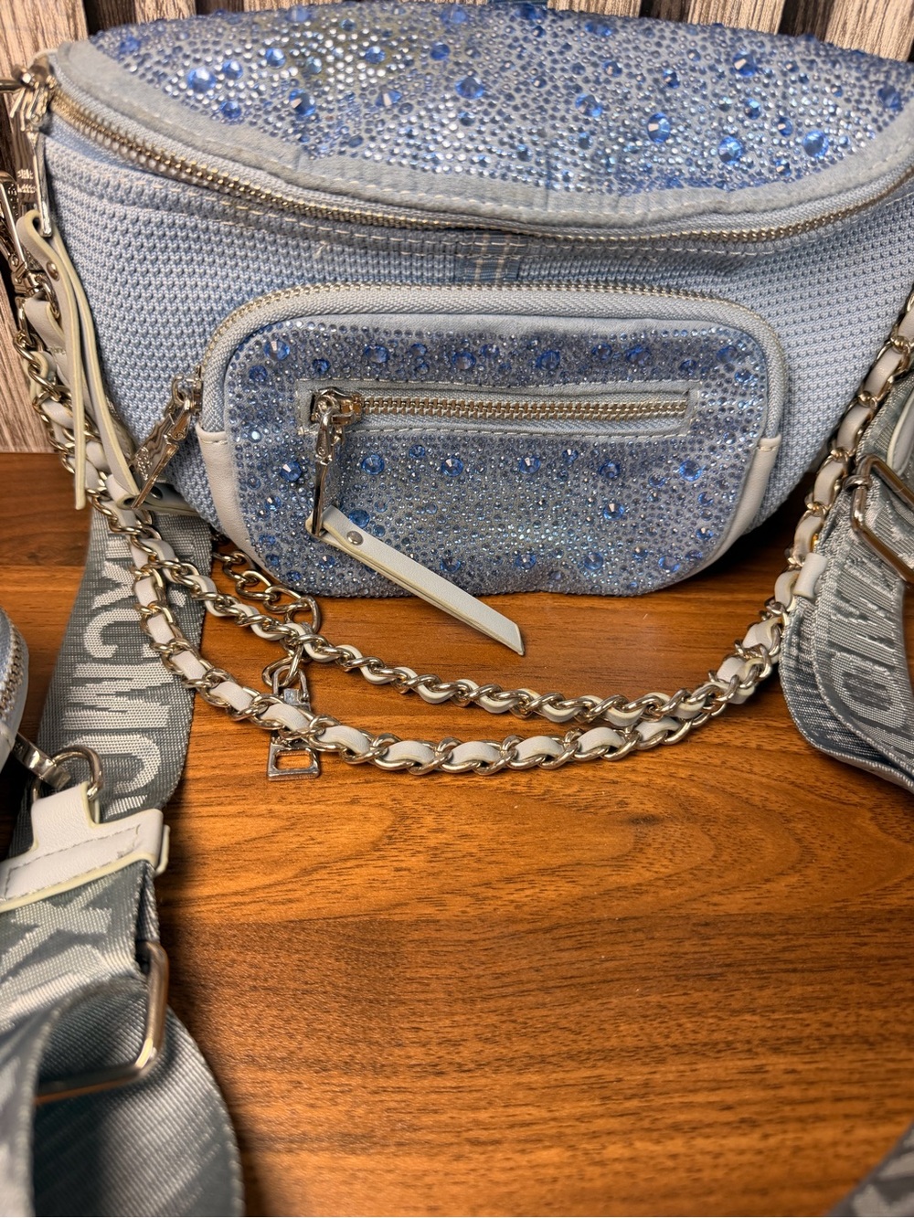 Steve Madden Light Blue Embellished Crossbody Bag with Chain Detail - Picture 8 of 16